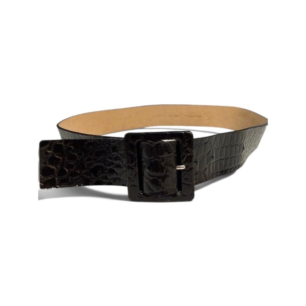 Womens Black Crocodile Embossed Leather Wide Waist Belt Square Buckle Size M